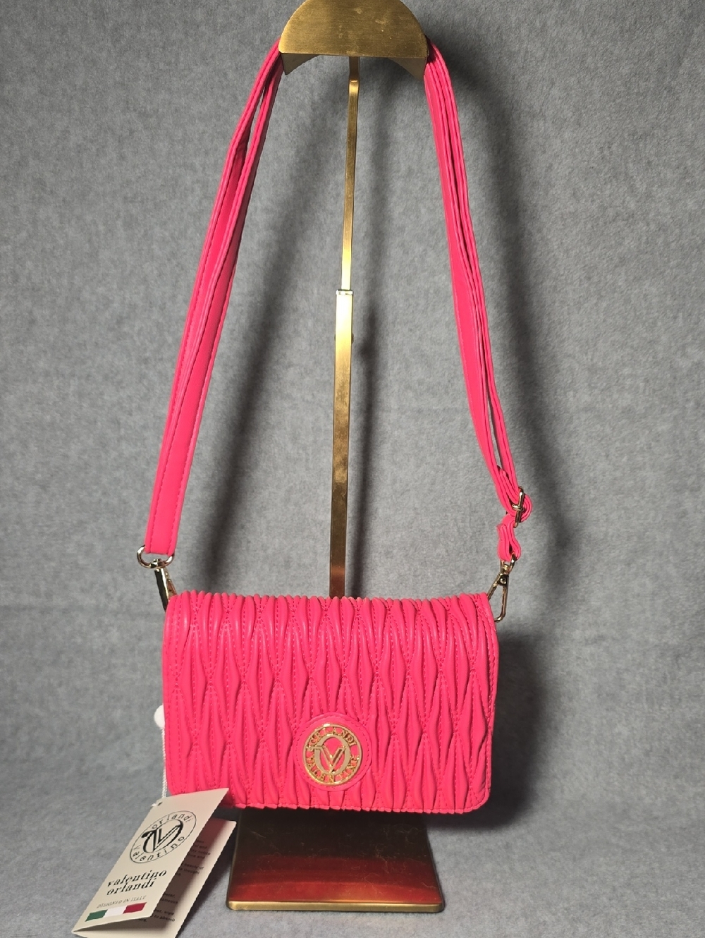 Valentino Orlandi Hot Pink Quilted Crossbody Bag with Gold Logo